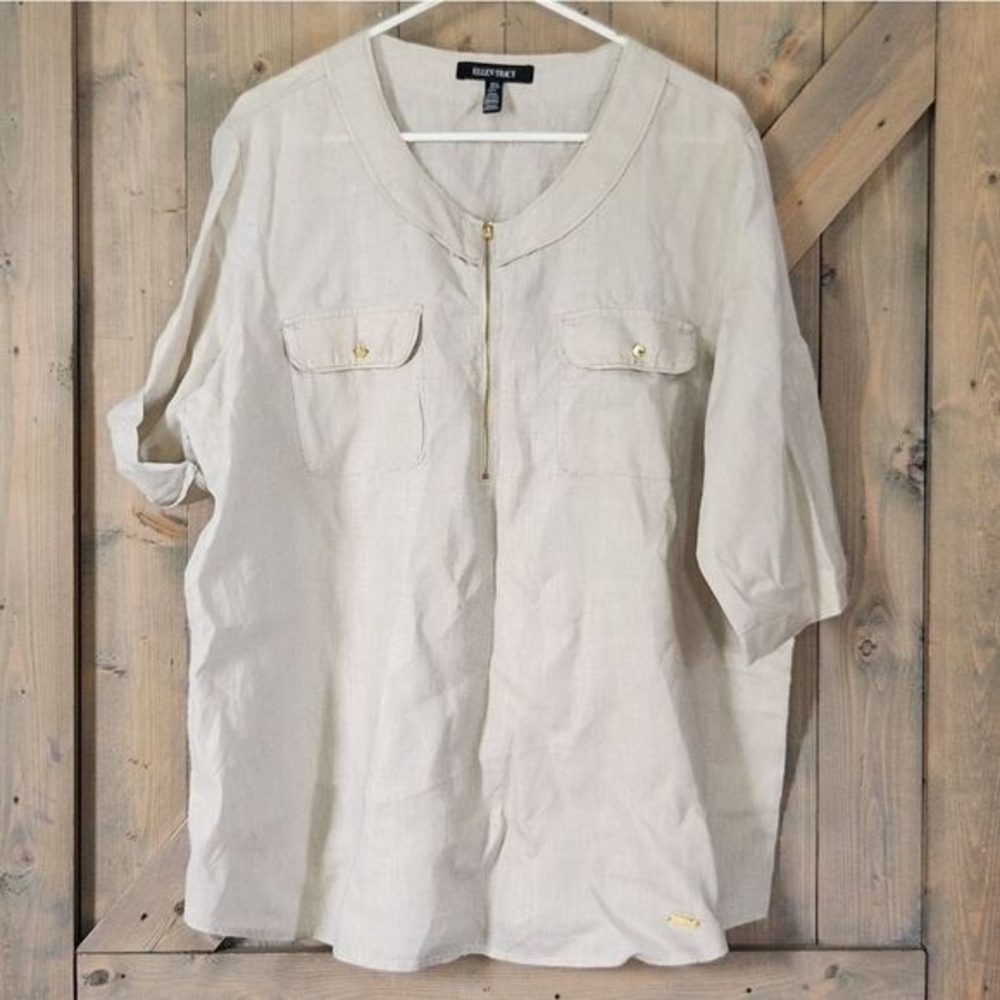 Ellen Tracy Linen Popover Tunic Top Women XL Beige Coastal
